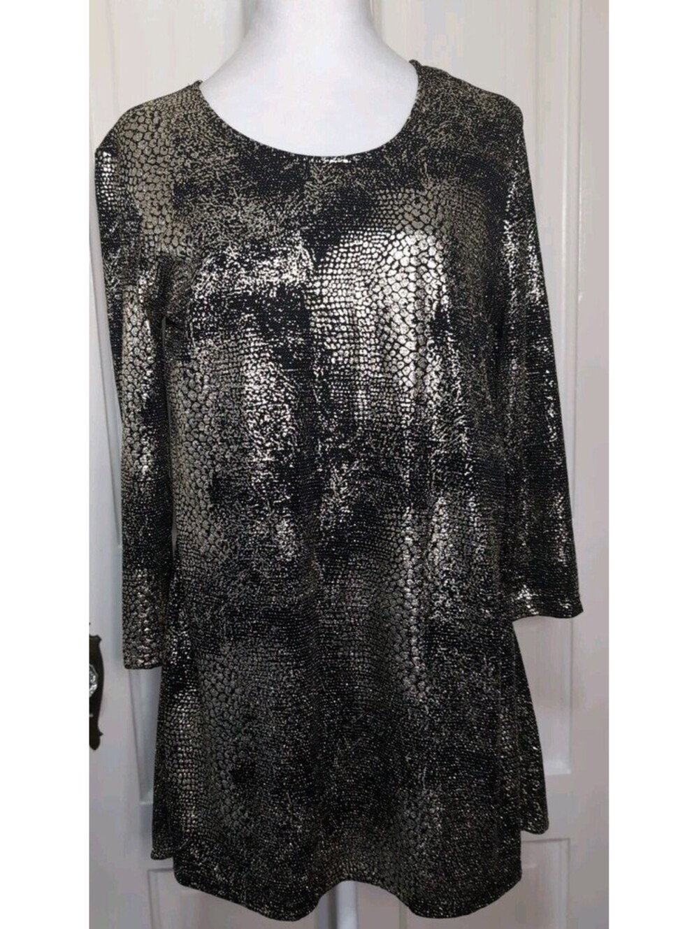 Laura Ashley Dress Black Gold Metallic Snakeskin  Party Festival Women's M(1389)